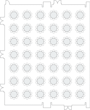 Large hall layout with multiple round banquet tables.