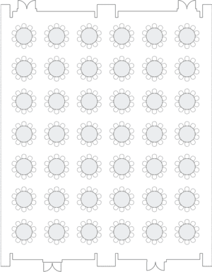 Banquet layout with numerous round tables.