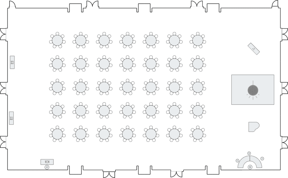 Ballroom layout with circular dining tables.