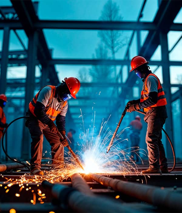 Skilled workers performing welding on metal pipes at construction site.