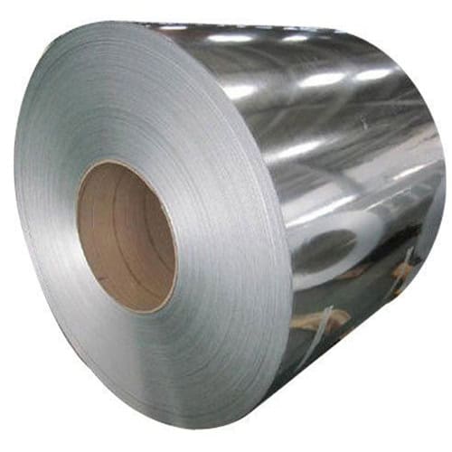 Shiny steel coil roll used in construction and industrial applications.