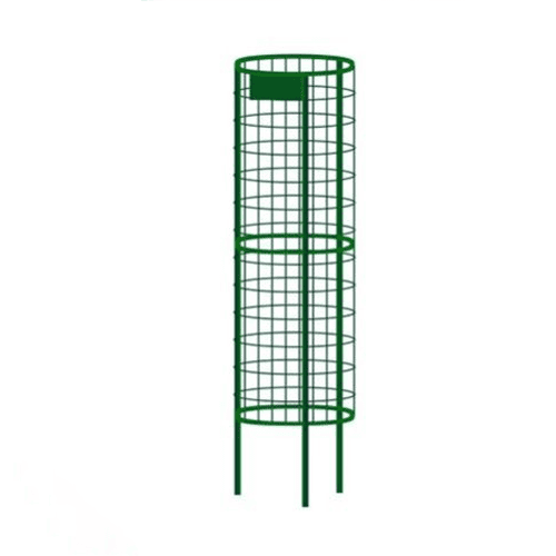 Green fabricated material tower with circular support rings.