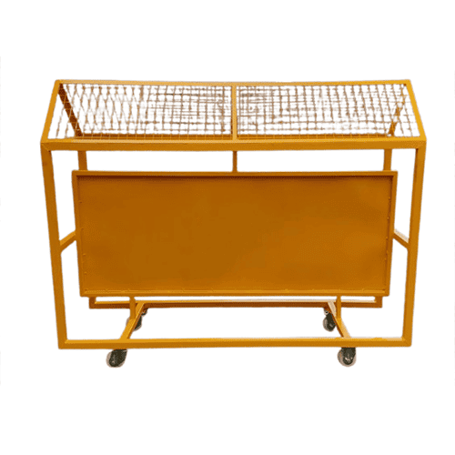 Heavy-duty fabricated material storage trolley with mesh top and wheels.