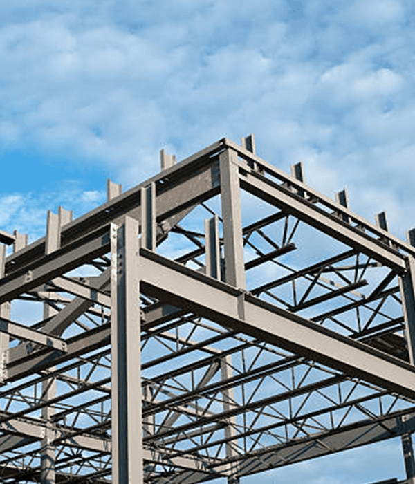 Steel framework of an industrial building under construction.