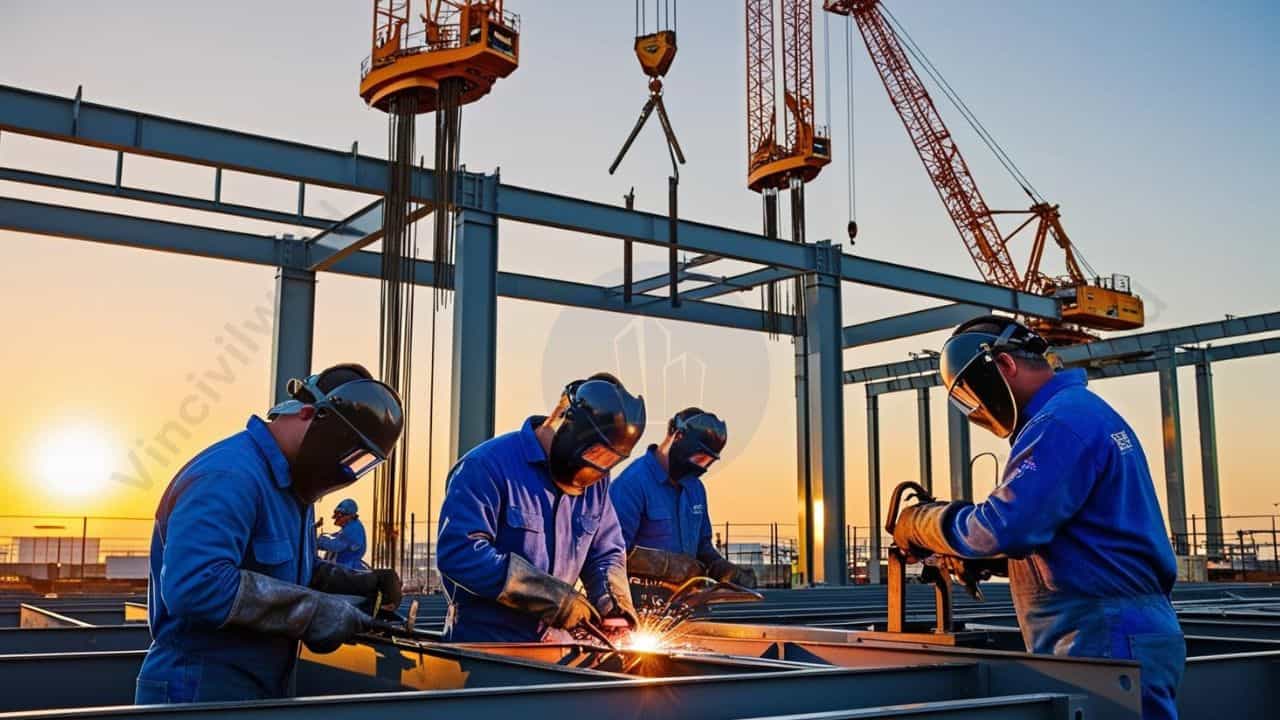 Skilled engineers working on steel framework at construction site during sunset.