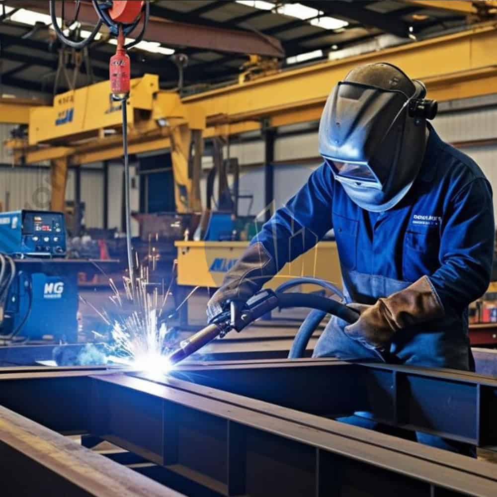 Skilled welder working on metal fabrication at Hi-Tech Engineers.