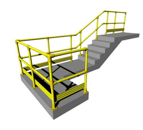Safe industrial staircase with yellow handrails and concrete steps.