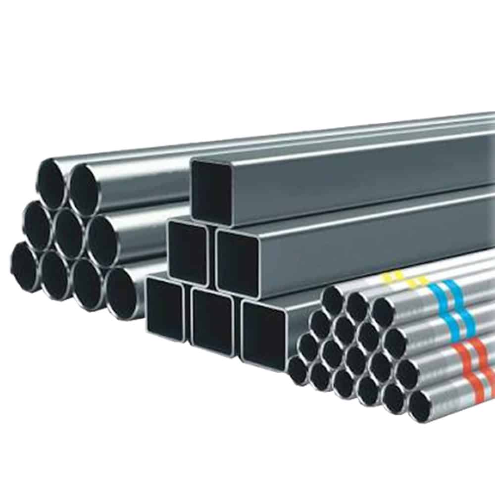 Steel sections including pipes and square tubes for construction use.