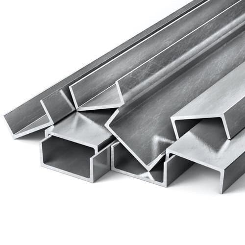Various steel sections including channels, angles, and beams for construction projects.