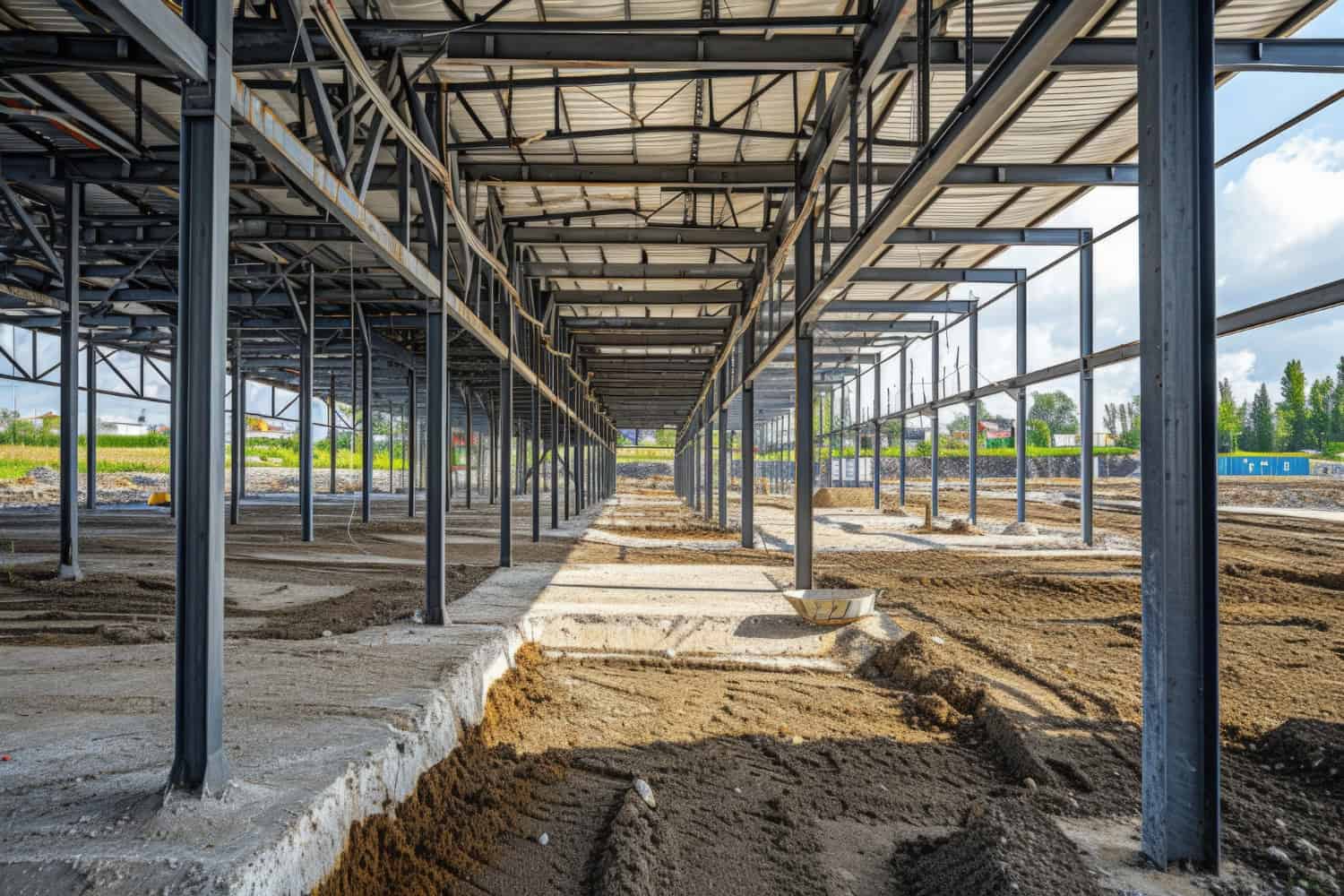 Steel beams and girders for construction support.