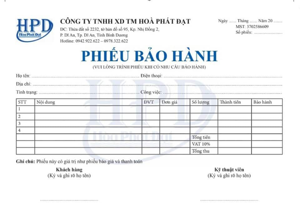Mẫu phiếu bảo hành sản phẩm Hòa Phát Đạt