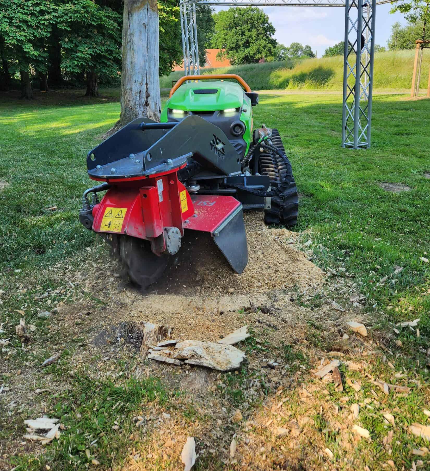 Das Bild zeigt eine ferngesteuerte Funkraupe beim Baumstumpffräsen auf einem offenen, unbefestigten Gelände. Die kompakte Maschine ist mit einem leistungsstarken Fräswerkzeug ausgestattet und entfernt einen verbliebenen Wurzelstock nach der Baumfällung. Funkraupen wie diese sind besonders geeignet für schwer zugängliche oder unebene Flächen, da sie sich sicher per Fernsteuerung bedienen lassen. Sie kommen häufig im Garten- und Landschaftsbau sowie bei Rodungsarbeiten zum Einsatz und ermöglichen eine gründliche, bodennahe Entfernung von Baumstubben – schnell, effizient und sicher. Funkraupe mit Fräswerkzeug fräst Baumstumpf auf offenem Gelände.