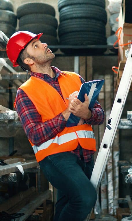 Ein Mitarbeiter steht vor einer aufgestellten Stehleiter und blickt prüfend nach oben. Die Szene zeigt eine Sicherheitskontrolle im Rahmen der Arbeitsvorbereitung auf einer Baustelle. Der Fokus liegt auf der ordnungsgemäßen Prüfung der Leiter auf Stabilität und Unversehrtheit – ein wichtiger Schritt für sicheres Arbeiten in der Höhe. Mann prüft Stehleiter bei Sicherheitskontrolle im Lager.
