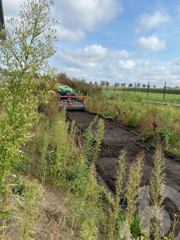 Funkraupe LV600 mit Forstmulcher beim Mulchen von hohem Unkraut und Gras.