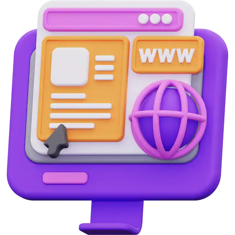 3D illustration of a computer monitor in purple, displaying a stylized DPC custom website layout with orange and white sections, a pink globe icon, large www label, and black cursor arrow, representing web browsing or internet concepts.