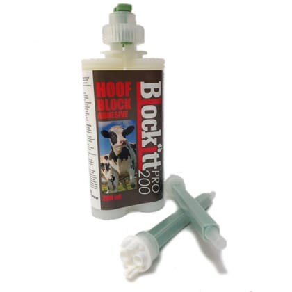 Hoof block adhesive with applicators for cows