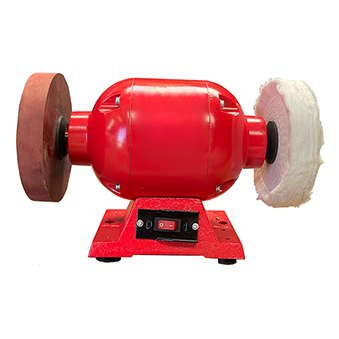 Red bench buffer with two polishing wheels.