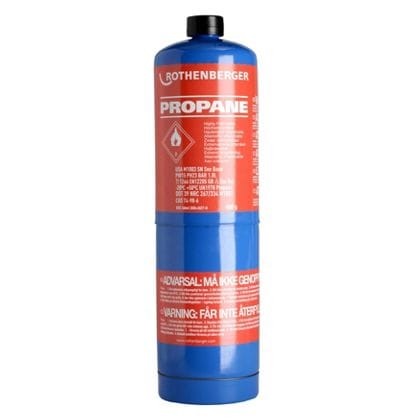 Propane gas cylinder, safety warnings visible.