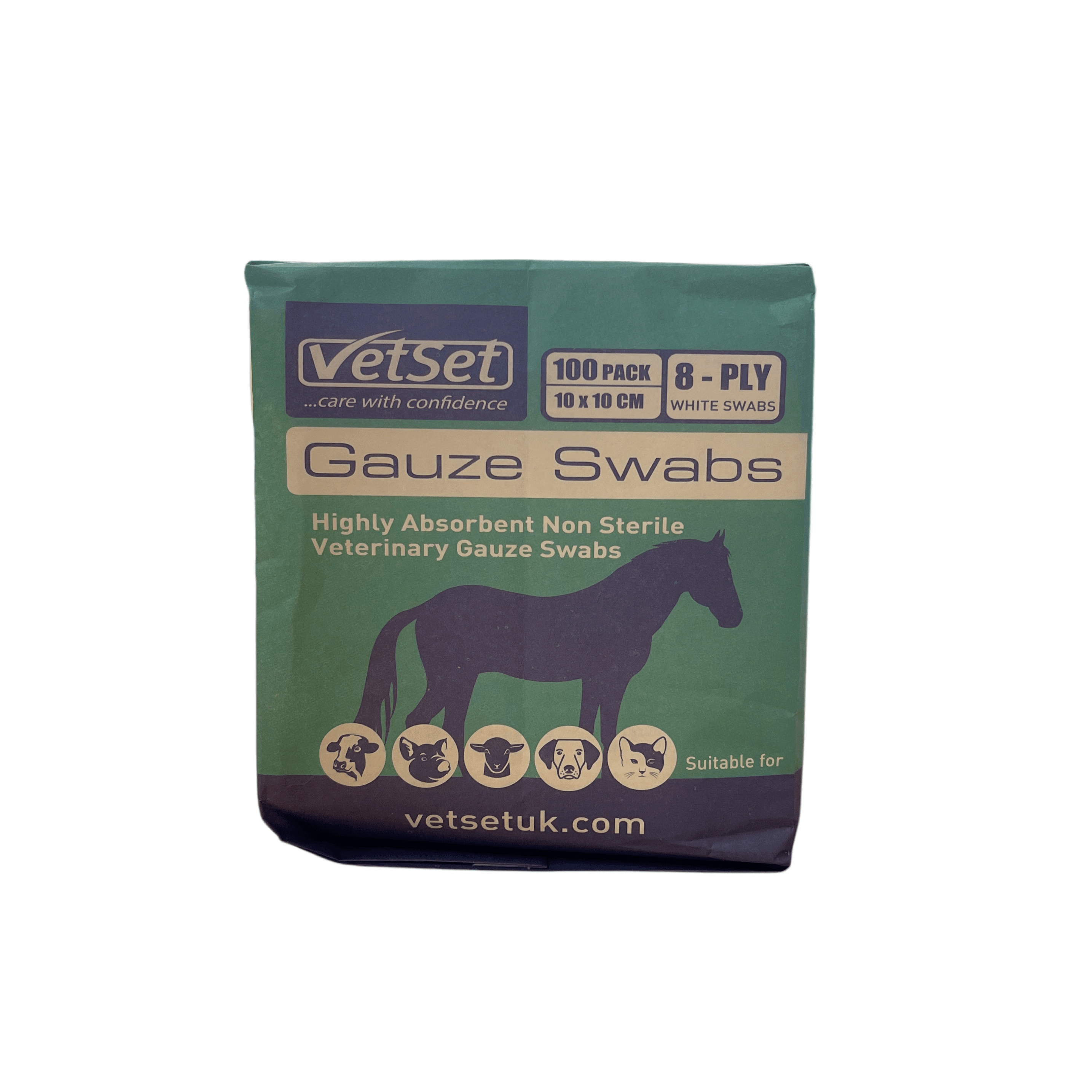 Non-sterile veterinary gauze swabs, 100-pack.