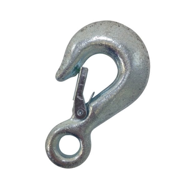Metal hook with safety latch for lifting.