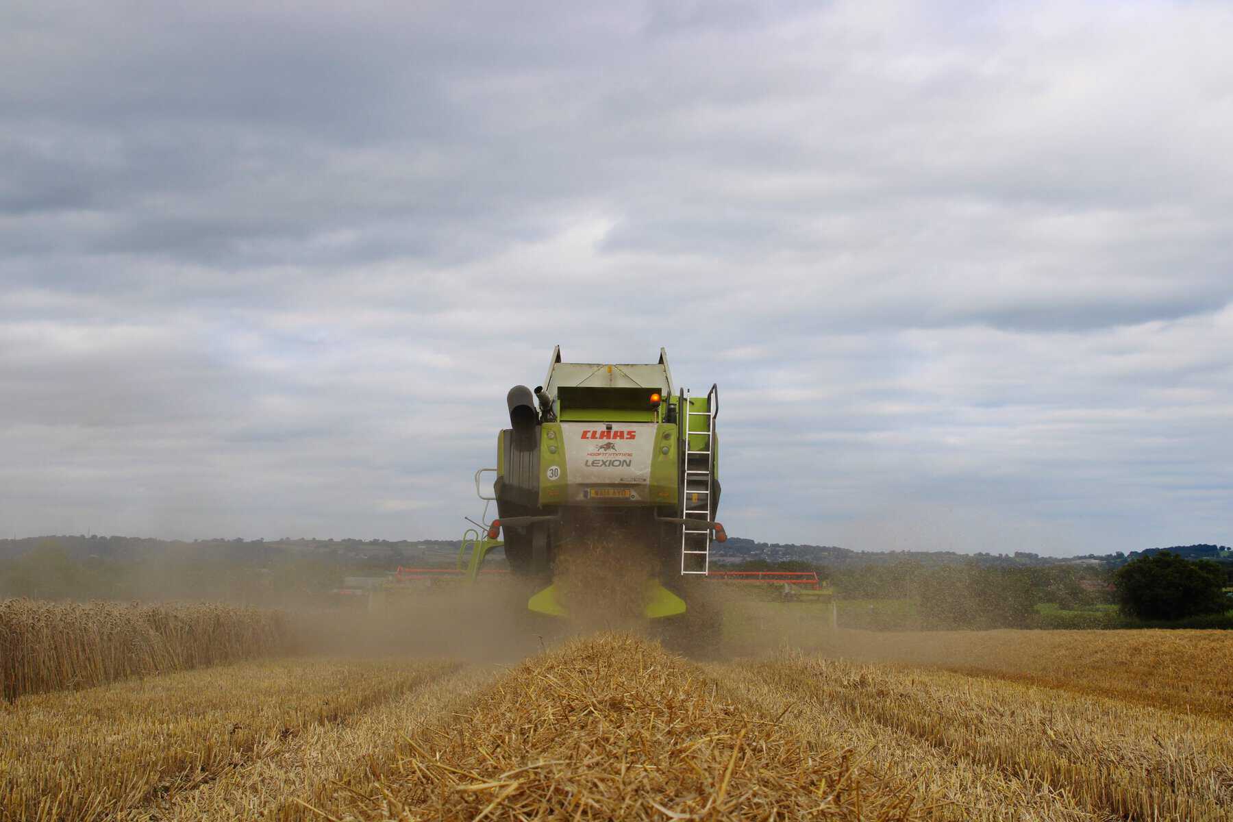 Combine harvester working in a wheat field.