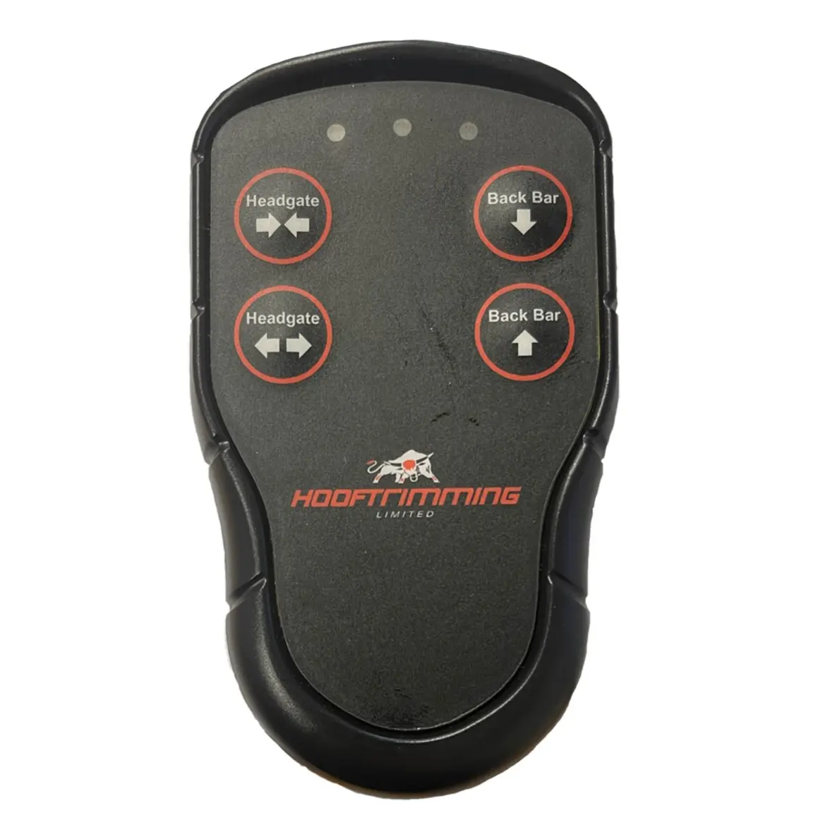 Hoof trimming remote control with four buttons.