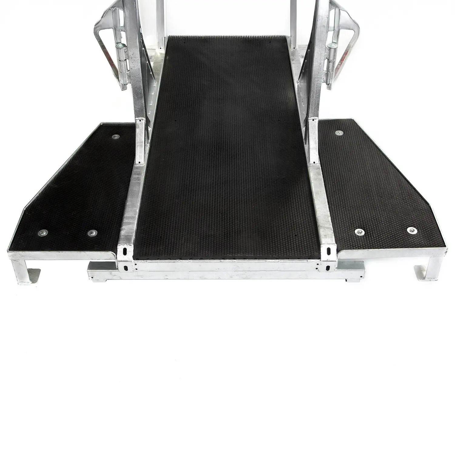 Aluminum wheelchair ramp with non-slip surface.