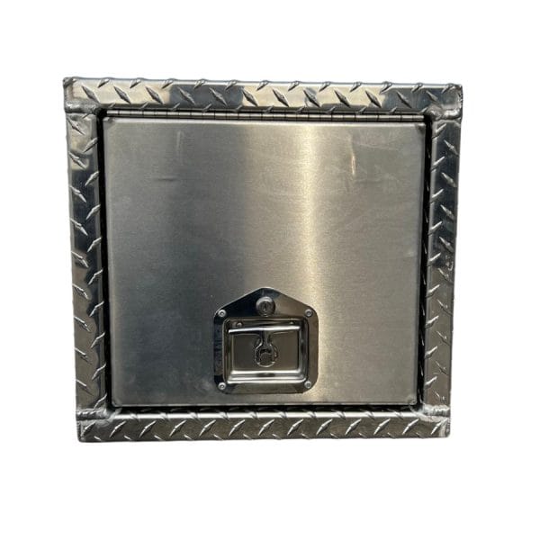 Stainless steel door with riveted frame and latch.