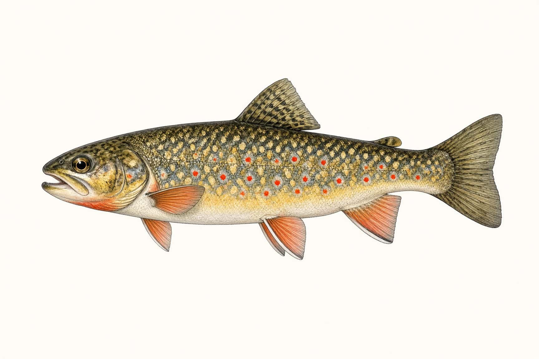 Brook trout showing vermiculations, blue-haloed red spots and white-edged fins