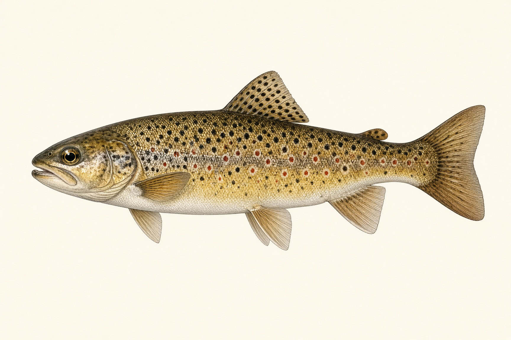 Brown trout showing dark spots on a golden-brown body and mostly unspotted square tail