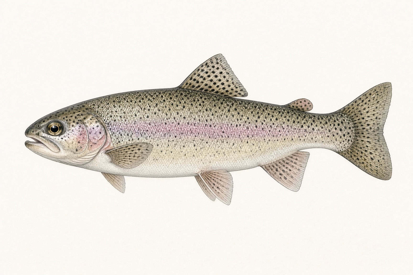 Rainbow trout showing black tail spots and pink lateral band