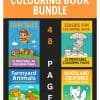 brightly coloured image of four colouring books part of a summer colouring books bundle