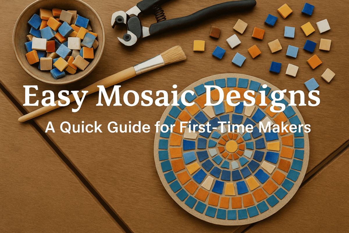 Close-up of hands arranging colourful mosaic tiles on a table, perfect for beginners learning easy mosaic designs.