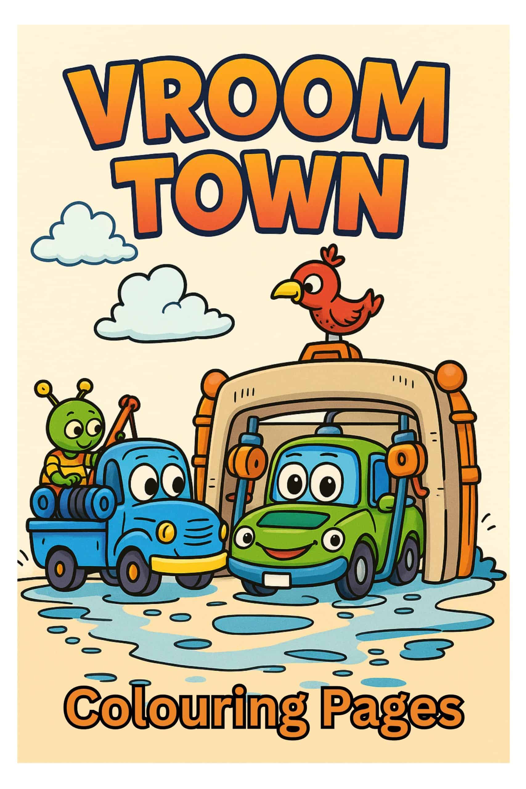 cover design of cars and animals for vroom town car colouring book