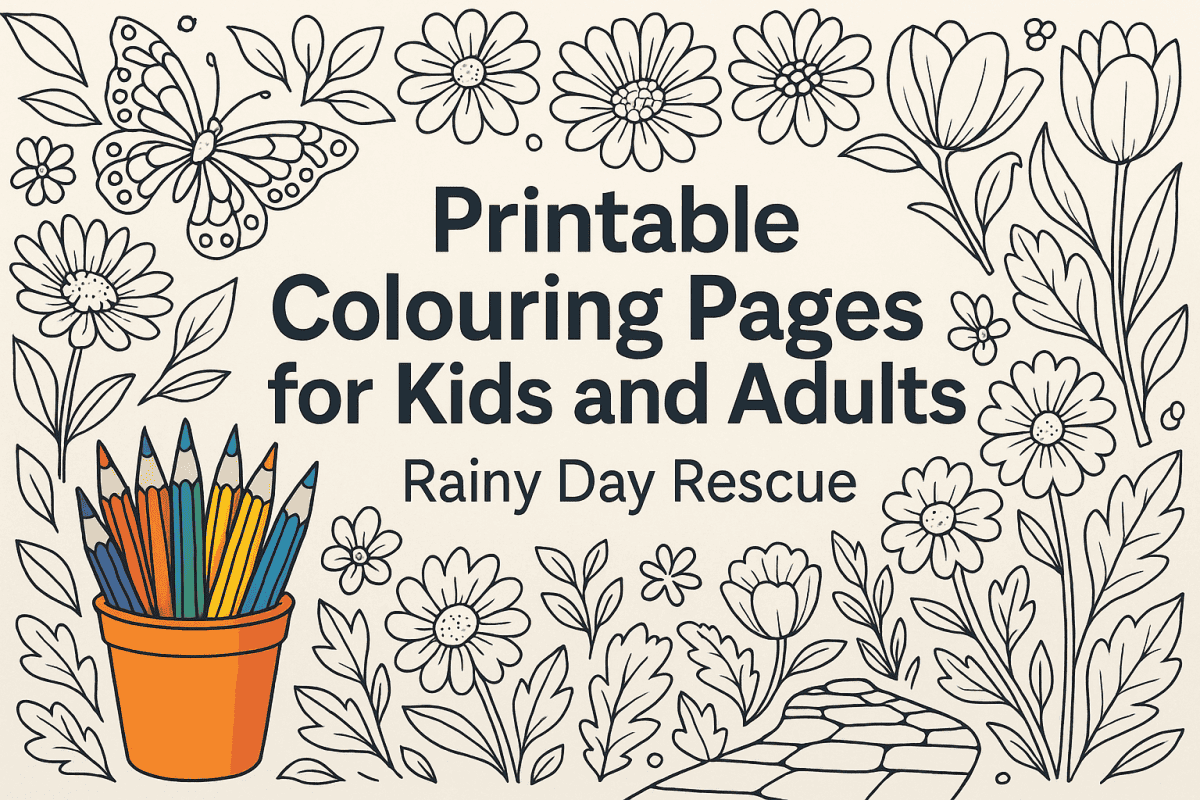 Illustrated banner showing the title "Printable Colouring Pages for Kids and Adults – Rainy Day Rescue" with flowers, butterfly, and a pot of coloured pencils.