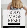 book cover for body image reset with a woman looking in the mirror against a grey background