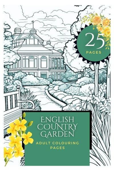 cover image of a country house and gardens in green for garden colouring pages pack