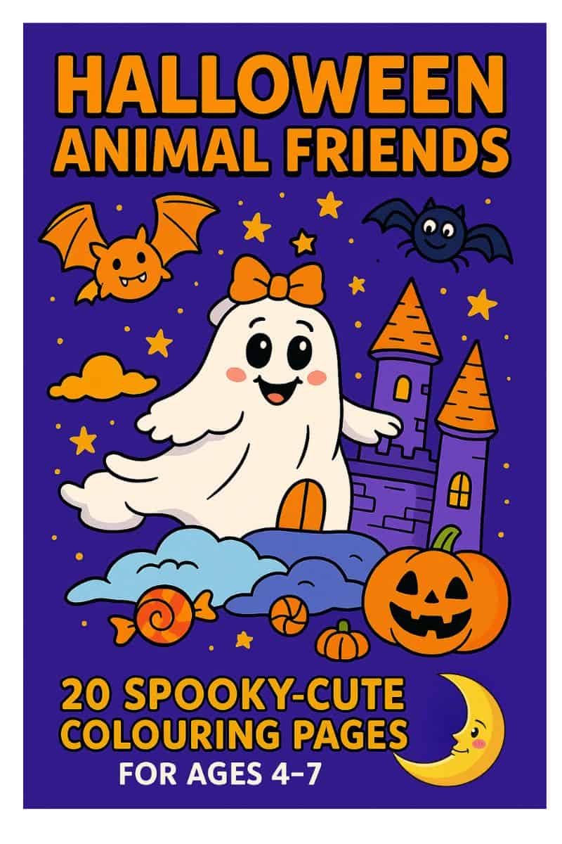 Cover of Halloween Animal Friends, a children’s Halloween colouring book for ages 4–7, featuring cheerful cartoon ghosts, bats, spiders, and pumpkins on a bright purple background with bold orange title text.