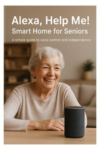 “Book cover for Alexa, Help Me! Smart Home for Seniors, featuring a smiling senior in a cosy home setting with an Amazon Alexa device on a table.”