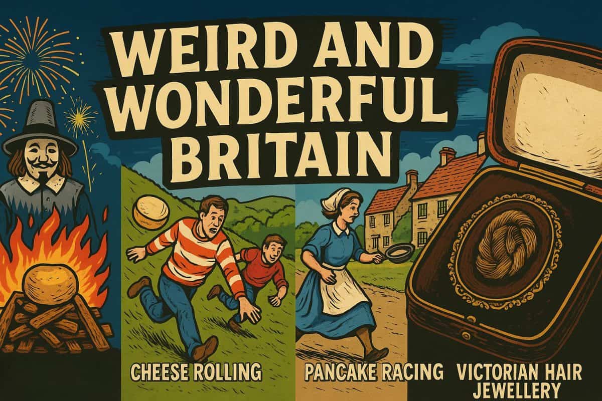 Illustration of weird British traditions featuring cheese rolling at Cooper’s Hill, pancake racing on Shrove Tuesday, and Victorian hair jewellery in a vintage poster style.