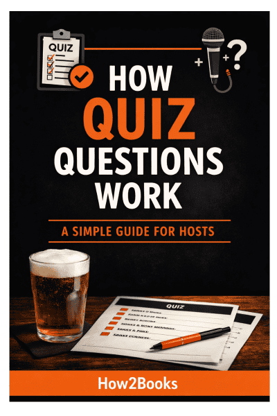 Cover image in Black White And Orange Titled How Quiz Question Work. Part of the Pub Quiz Starter Pack