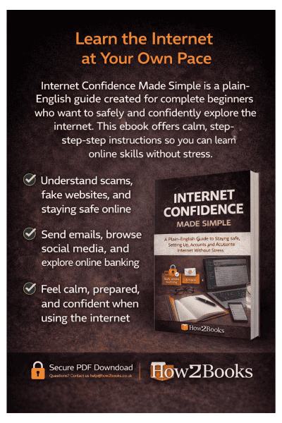 Back cover of the How2Books ebook Internet Confidence Made Simple showing key benefits for beginners learning internet skills safely and step by step.