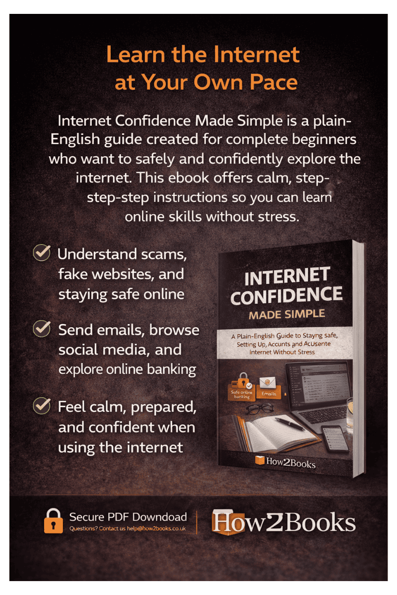 Back cover of the How2Books ebook Internet Confidence Made Simple showing key benefits for beginners learning internet skills safely and step by step.