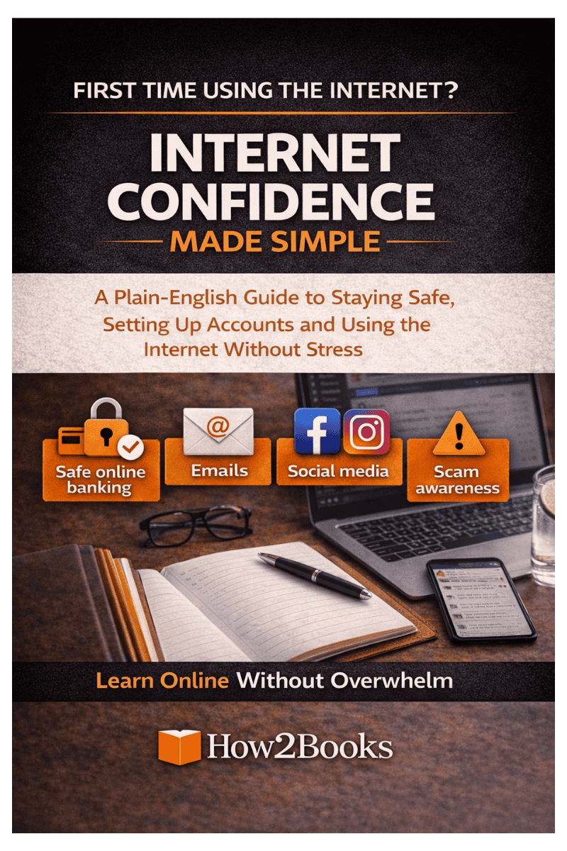 Front cover of the How2Books ebook Internet Confidence Made Simple, a plain English internet for beginners step by step guide covering online safety, emails, social media and scam awareness.