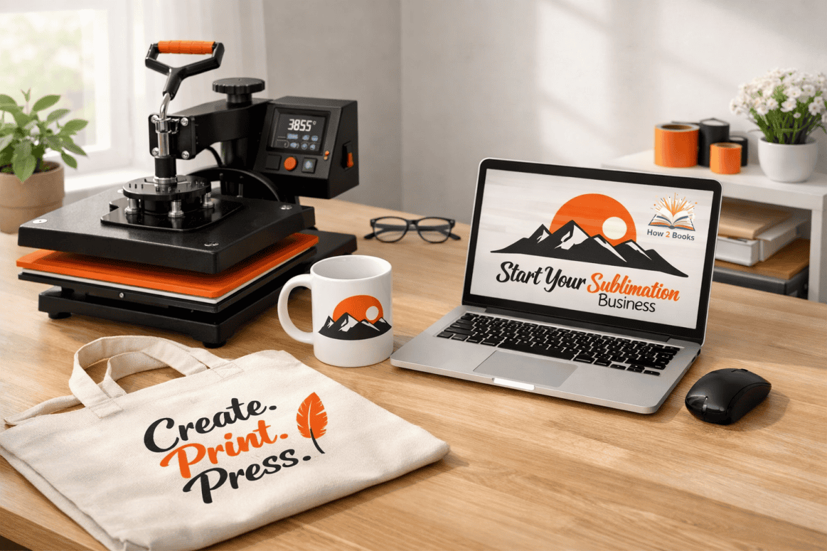 Home workspace showing a heat press, sublimation mug, and printed products on a desk, representing how to start a sublimation business from home.