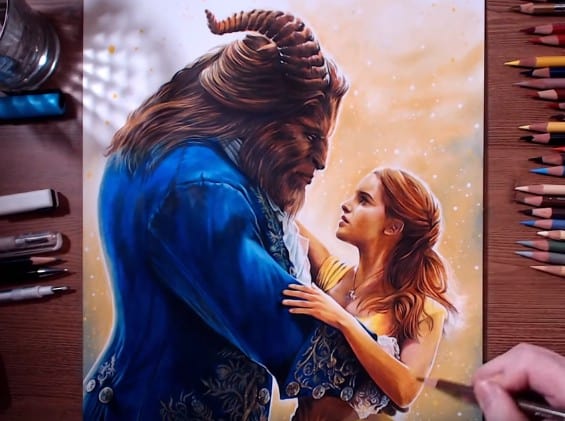 How to draw Beauty and the Beast – colored pencil drawing
