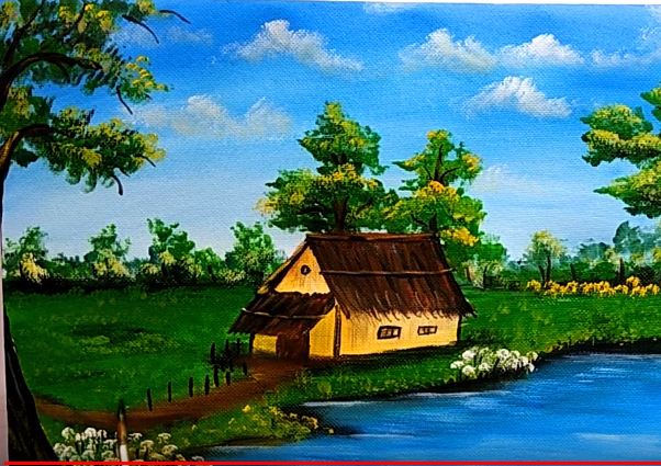 Beautiful House and River Painting | Landscape Painting Tutorial