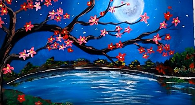 Night Scenery with Beautiful Flower Tree painting