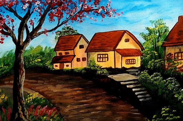 Village Landscape Painting for beginners