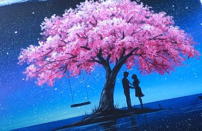 Couple in Love under Cherry Blossom Tree painting by Acrylic